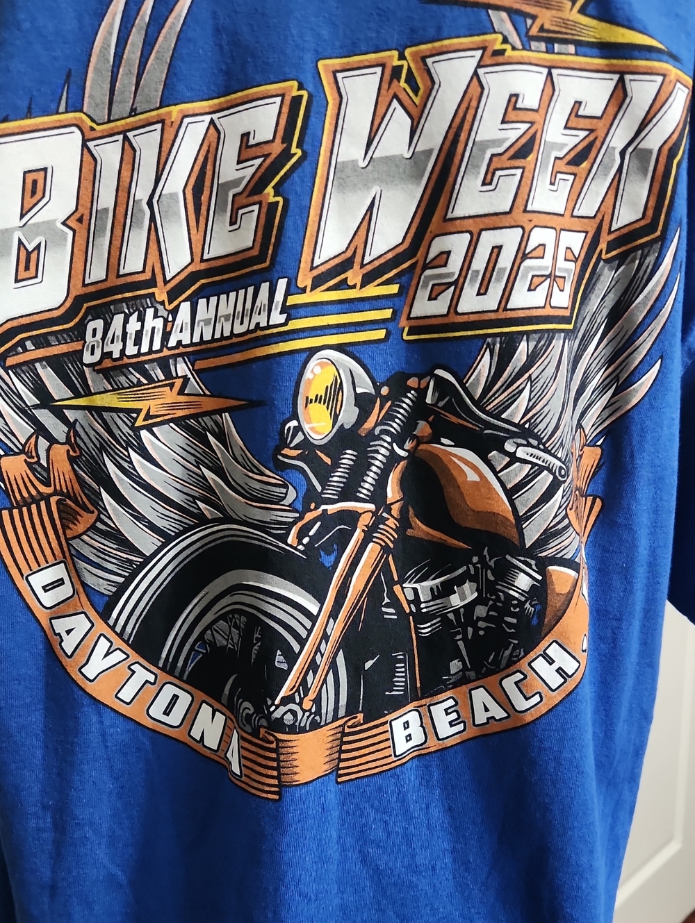 Gildan Blue Short-Sleeve Graphic Tee with Orange, White and Black Print